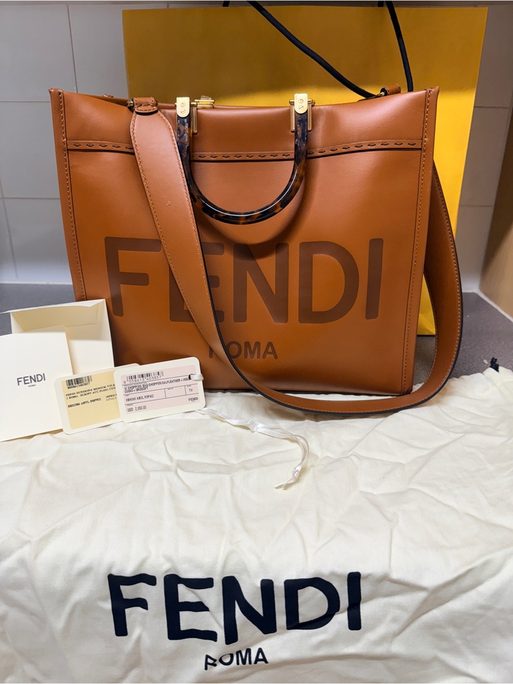 Fendi Cognac Leather Logo Tote with Tortoiseshell Handles